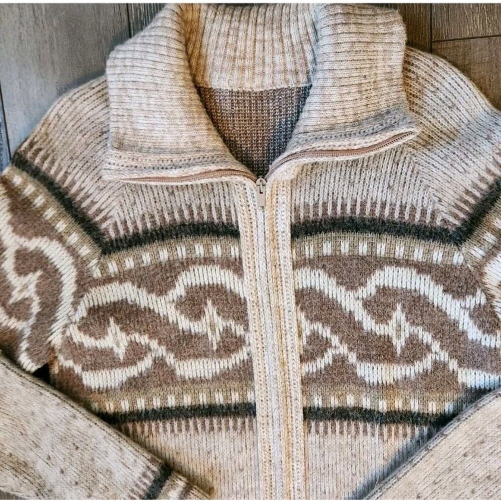 Vintage Handmade Cowichan Style Wool Knit Zip Cardigan Oversized Med Sweater 70s - Picture 3 of 10